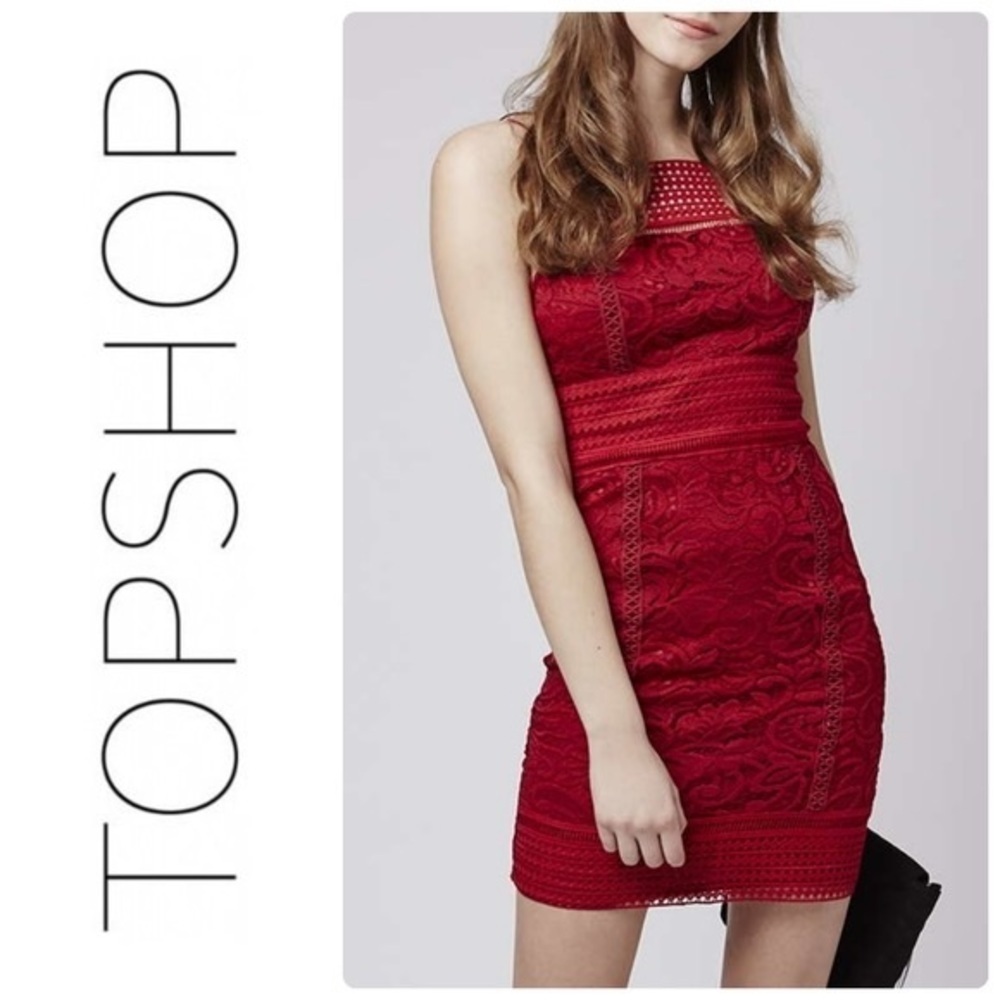 333- TopShop NWT Red Lace Spaghetti Strap MIDI Dress, Size 2. Pit to pit 14”